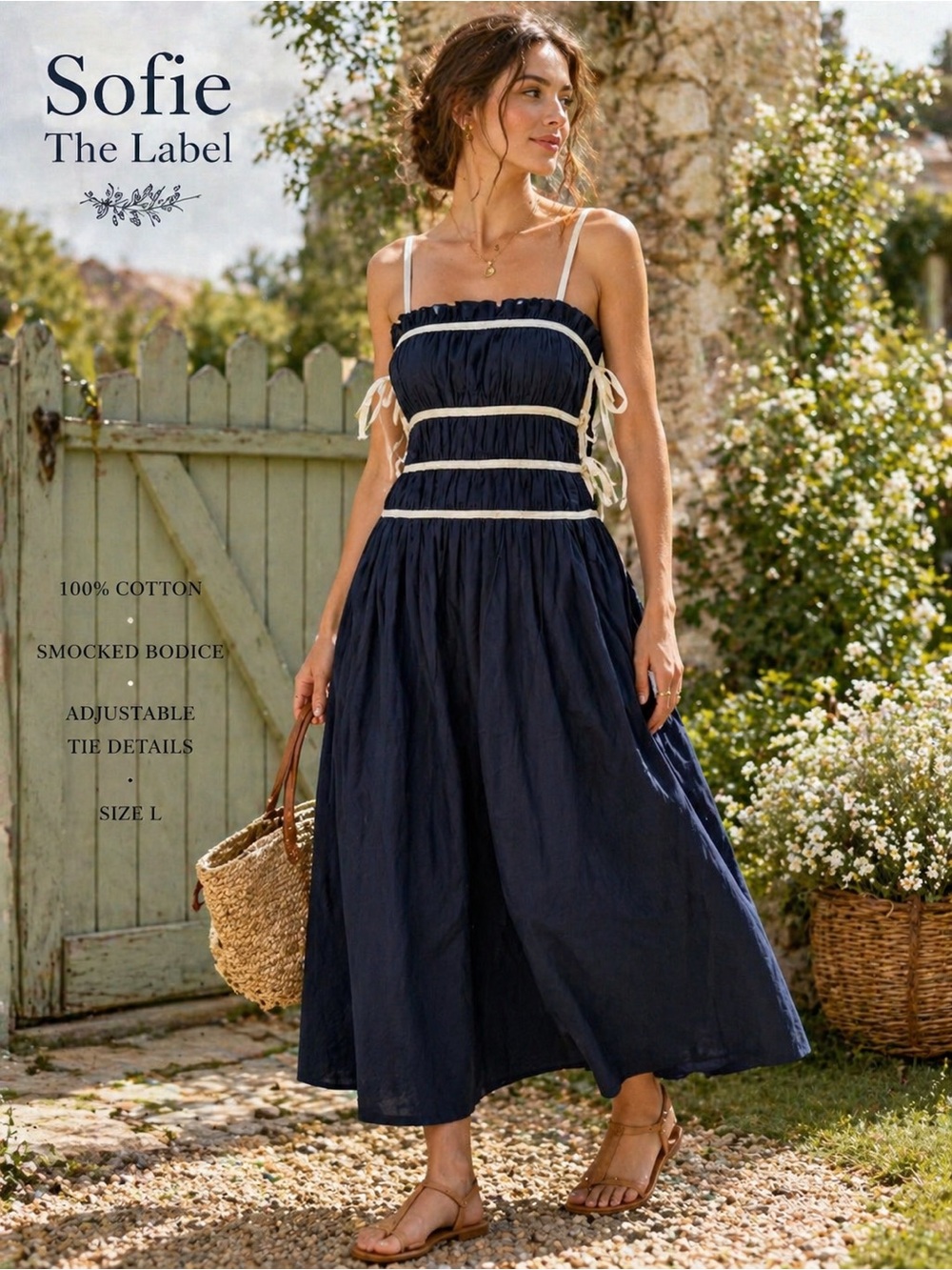 Sofie The Label Navy Maxi Dress Smocked Cotton Tie Straps Size L